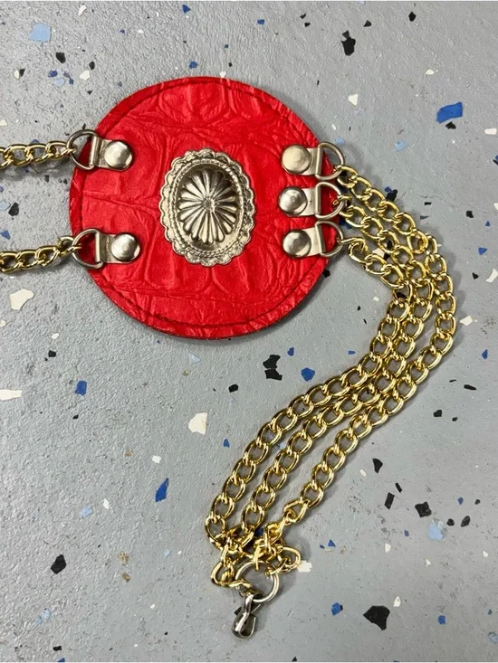 Vintage Western Disc Belt Silver Concho Red Embossed Faux Leather Gold Chain S/M - Picture 8 of 13